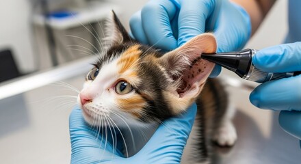 Veterinarian examines kitten ear with otoscope. Diagnosis and treatment of ear mites in a young calico cat. Pet health and care concept.