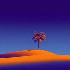Solitary palm tree on an orange dune against a vibrant blue-purple sky, digitally rendered with a stylized, almost surreal aesthetic
