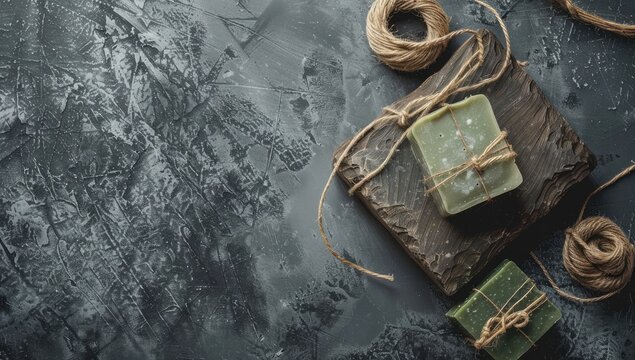 Rustic overhead shot of two handmade soap bars, tied with twine, resting on dark wood against a mottled grey background, accompanied by additional twine spools
