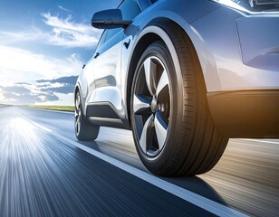 Silver Electric Car Driving on a Highway at Sunset