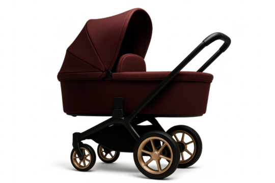 Modern burgundy baby stroller with golden wheels and transparent background