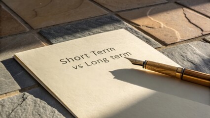 Short Term Against Long Term Investment Comparison Concept with Fountain Pen on Textured Stone Surface for Financial Planning