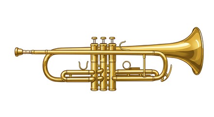 Obraz premium A realistic vector illustration of a golden trumpet with detailed valves and reflections, centered on a clean white background 