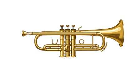 Fototapeta premium A realistic vector illustration of a golden trumpet with detailed valves and reflections, centered on a clean white background 