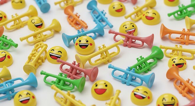 a happy emoticon icon with trumpet shown freedom an enjoy the music play emotional