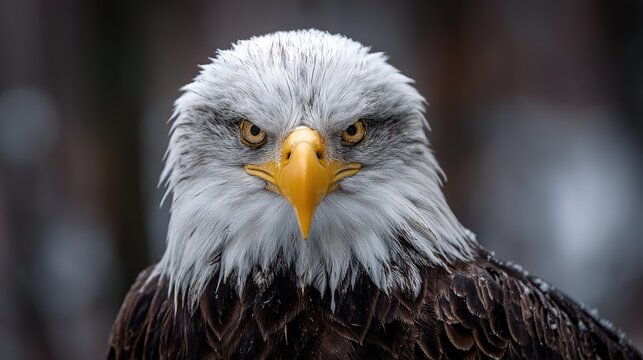 Bald eagle staring directly at camera with piercing yellow eyes, detailed close-up perfect for strength, focus, and determination concepts in marketing and education.