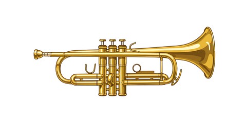A realistic vector illustration of a golden trumpet with detailed valves and reflections, centered on a clean white background

