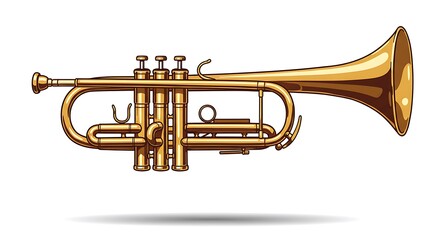 Naklejka premium A realistic vector illustration of a golden trumpet with detailed valves and reflections, centered on a clean white background 