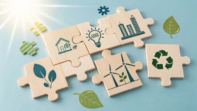Eco-Friendly Concept with Wooden Puzzle Pieces Illustrating Renewable Energy and Sustainable Living Themes