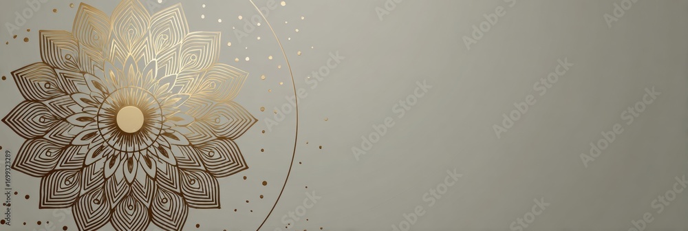 Poster intricate gold mandala design on a light gray background with decorative patterns and shapes creatin