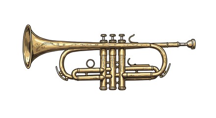 Naklejka premium A realistic vector illustration of a golden trumpet with detailed valves and reflections, centered on a clean white background 