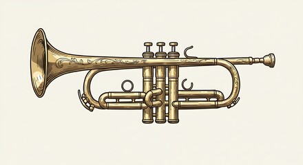 Obraz premium A realistic vector illustration of a golden trumpet with detailed valves and reflections, centered on a clean white background 
