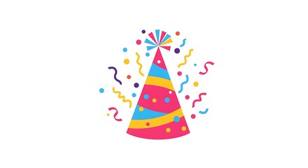 A flat vector of a colorful party hat with confetti and streamers, centered on a clean white background
