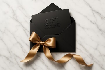 Elegant matte black gift card with metallic gold satin ribbon in black envelope on marble surface minimal luxury 3D render with soft shadow