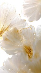 Close-up of delicate, translucent, off-white flower-like forms with amber-hued accents and water droplets, set against a bright white background