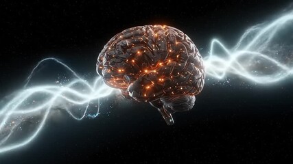 A glowing brain surrounded by electric waves and DNA strands in a cosmic background - Powered by Adobe