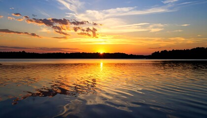 Obraz premium A stunning sunset over calm water, with the fiery sun reflecting in the rippling surface. A dark treeline borders the horizon
