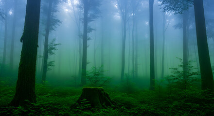 Obraz premium Mysterious Misty Forest Landscape With Tall Trees And Lush Green Undergrowth