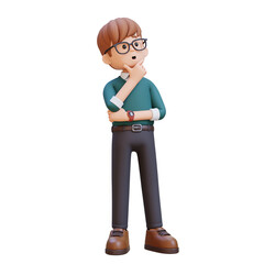 3D cartoon young male teacher character Thinking Hand on Chin