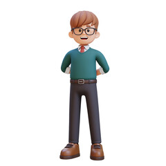 3D cartoon young male teacher character Standing Hands Behind Back
