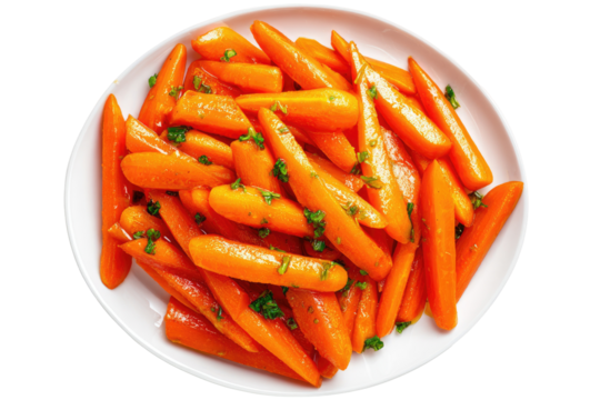 Roasted or glazed carrots on a white plate.  Fresh,  tender,  and slightly caramelized,  small pieces of carrots are arranged attractively.  A sprinkle of fresh herbs adds visual appeal