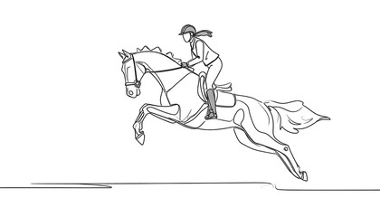 Fototapeta premium Equestrian athlete and horse in mid-air, captured in a single continuous line drawing.