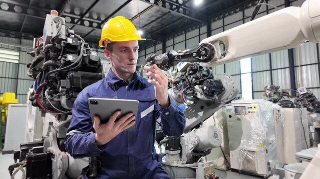 Skilled engineers work on a CNC machine in a manufacturing facility workshop during the day.