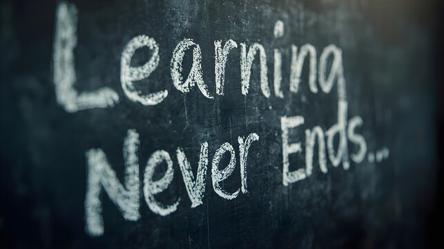 A chalkboard displaying the phrase "Learning Never Ends..." written in white chalk. - Powered by Adobe