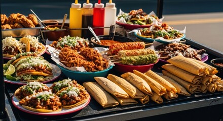 Street food cart overflowing with diverse Mexican dishes (1)