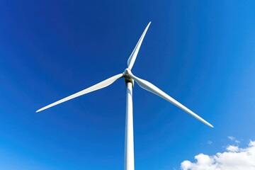 A modern wind turbine stands tall against a clear blue sky, representing renewable energy and sustainable technology. The sleek blades spin gracefully in the gentle breeze.