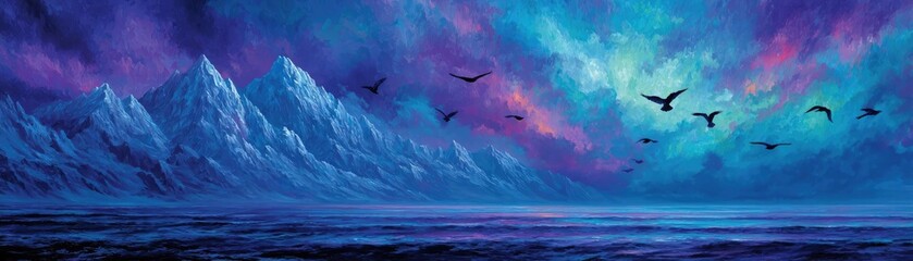 Beautiful fantasy landscape artistic painting concept. Majestic mountains under a vibrant night sky with flying birds.