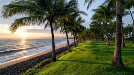 A serene beach scene at sunset, with palm trees lining the shore and gentle waves lapping at the sand. The vibrant colors create a peaceful atmosphere perfect for relaxation.