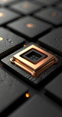 Close-up of a copper-colored microchip nestled among numerous dark-grey square components, exhibiting a technological and industrial aesthetic