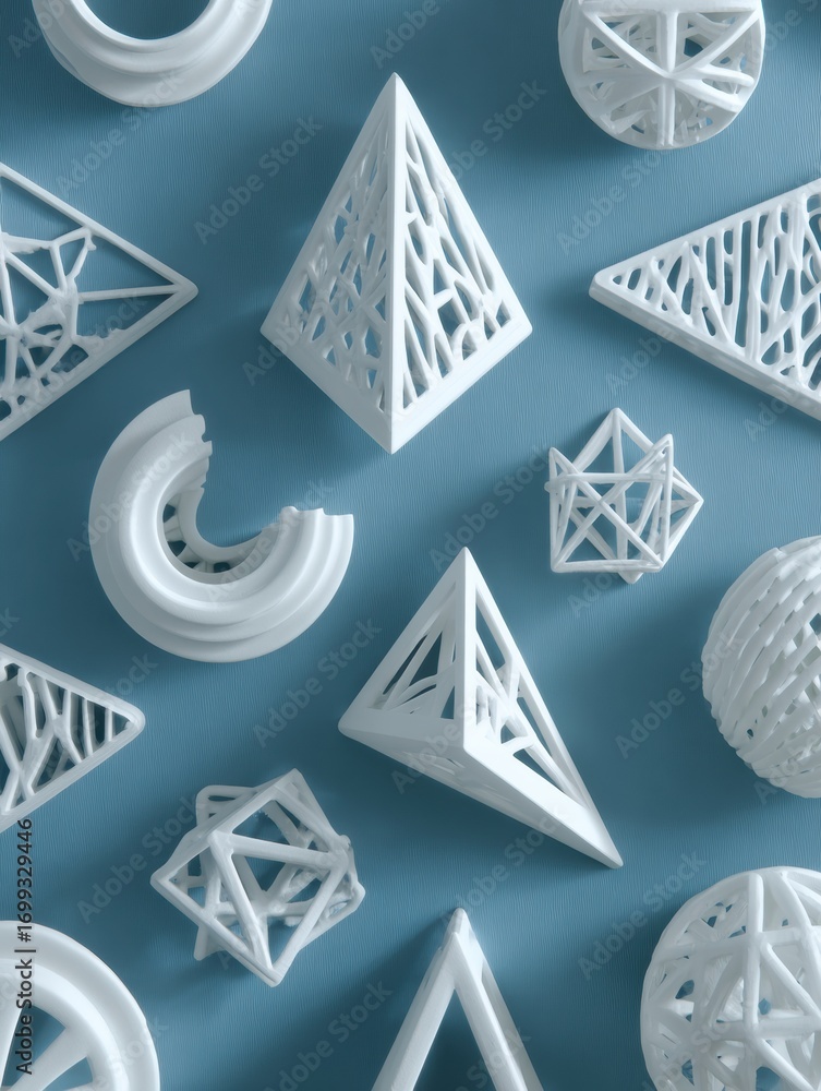 Poster creative display of white 3d geometric shapes on blue background showcasing modern design elements a