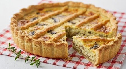 Tarte aux champignons dor�e app�tissante lumi�re naturelle. AI Generated