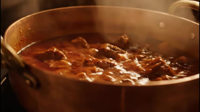 Steaming hot beef stew in a copper pot with rich, savory sauce