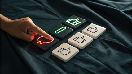 Obraz premium Hand pressing red feedback button on dark background with social media icons and symbols in modern user interface design