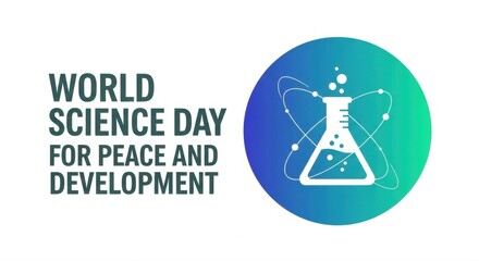 Naklejka premium World science day for peace and development with beaker and atom illustration on blue and green circle
