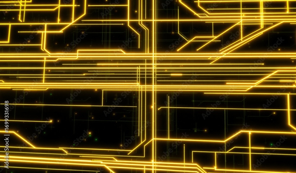 Poster abstract glowing yellow lines on a dark background create a complex digital network, suggesting adva