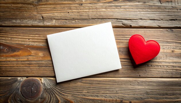 A blank white envelope and a vibrant red heart shape placed on a dark, rustic wooden table background, a concept for love letters or Valentine's Day greetings