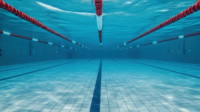 Swimming pool underwater perspective lanes and tiled floor reflecting light