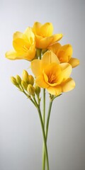 Beautiful freesia flower in vibrant yellow blooms gracefully against a soft white background