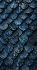 Close-up view of a textured surface resembling dark blue scales, showing intricate details and subtle variations in shading and color.  The scales overlap in a repeating pattern