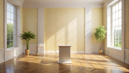 Fototapeta premium Bright interior with podium and plants in pots