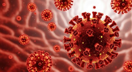 Microscopic view of red coronavirus cells with spikes in a fluid like environment in close up view