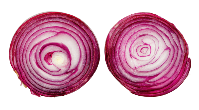 Two cross-sections of a red onion, revealing concentric layers of vibrant pink-purple and white.  The rings are tightly wound, creating a symmetrical spiral design against a black background