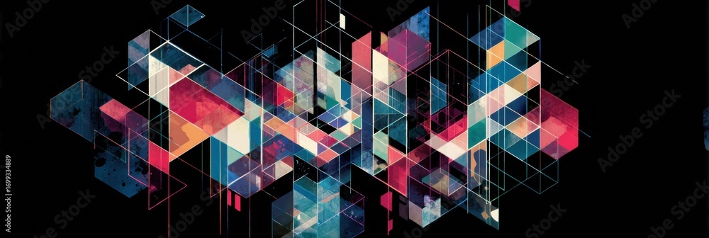 Poster abstract geometric art featuring vibrant colors and dynamic shapes on a dark background