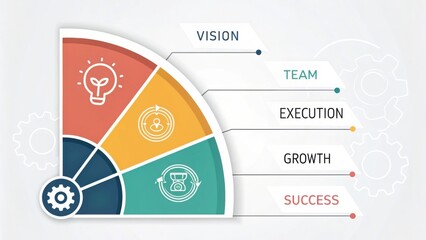 Colorful infographic illustrating key components of business strategy including vision, team, execution, growth, and success