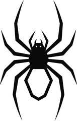 A minimalist black and white pixel art depiction of a spider, viewed from above against a plain white background. The design emphasizes geometric shapes and simple lines.


