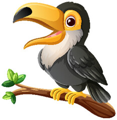 Cartoon Toucan Perched on Branch with Open Beak